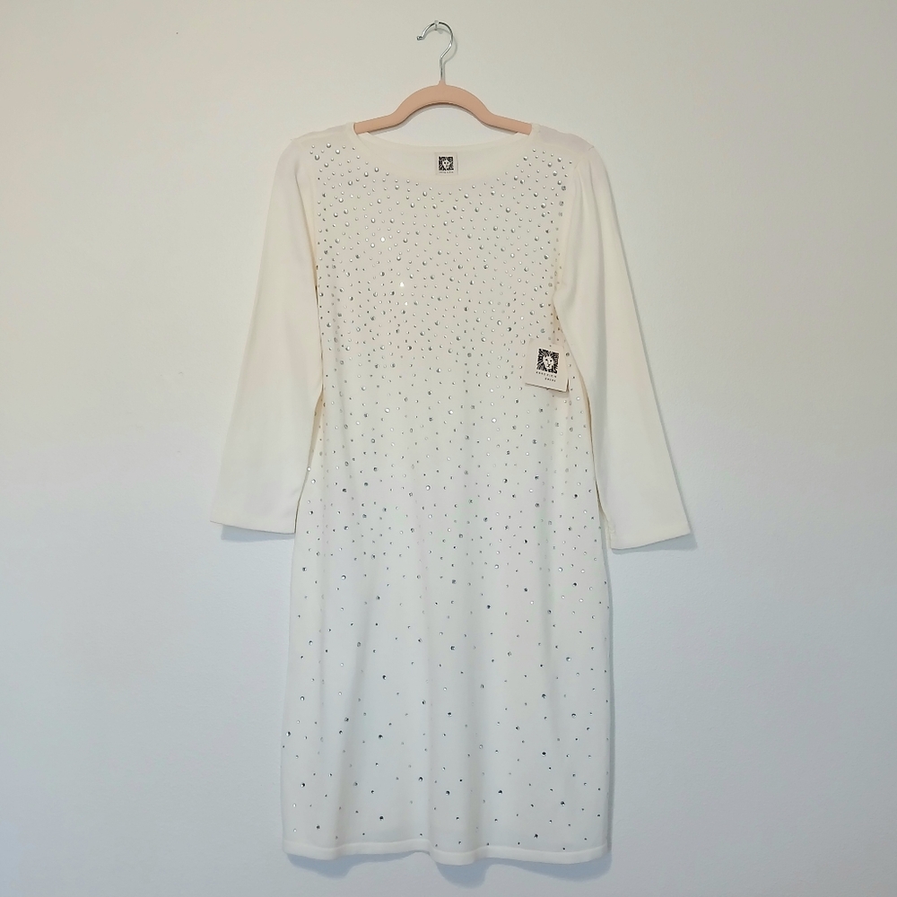 Anne Klein White Embellished Rhinestone Sweater Dress
